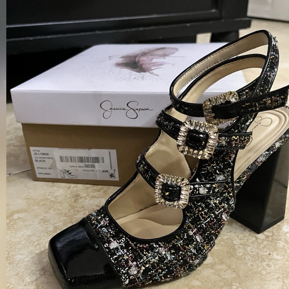 Jessica Simpson Black and Multi-Color Heels with Buckles
